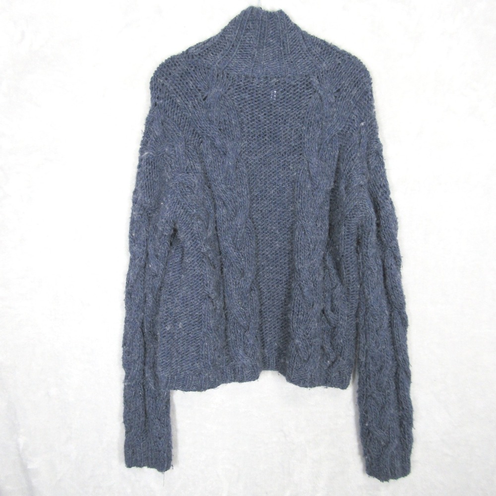 Something Navy Wool Blend Sweater Small Womens Blue Chunky Cable Knit Mock Neck - Picture 5 of 11